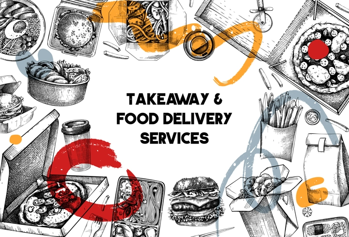Fast food background. Hand drawn vector illustration. Collage style.  Food delivery, takeaway food, takeout food in paper box, fast food menu design. Pizza, burger, coffee, noodles, poke, sushi sketch